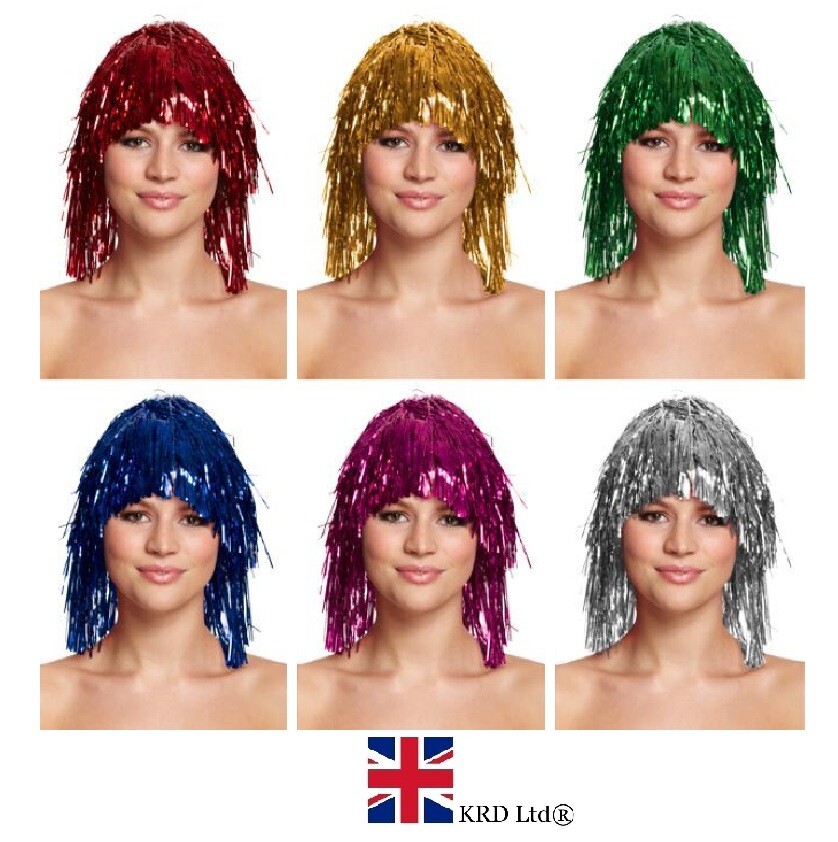 TINSEL WIG Fancy Dress Shiny Foil Metallic Retro 80s 90s Costume Accessory  UK
