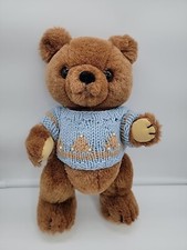 Dakin Brown Teddy Bear Blue Christmas Sweater Plush Vintage 1983 14" Jointed Toy