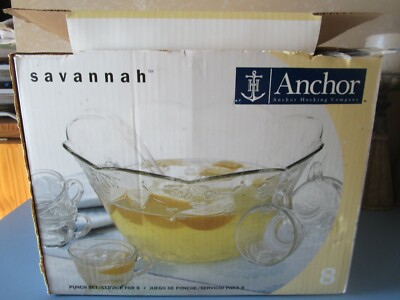 Anchor Hocking Savannah  Complete Punch Bowl Set Glass Glassware service for 8 