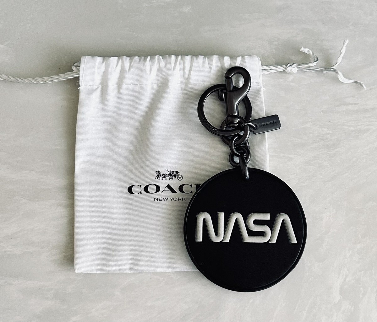 COACH NASA SPACE ROUND BAG CHARM KEY RING FOB BLACK/CHALK EUC VERY 
