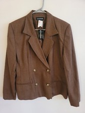 New Tags Halston 100% Wool Double Breasted Jacket Womens Brown Checked Size 14