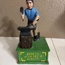 BANK ON JOHN DEERE QUALITY Cast Iron Mechanical Blacksmith w/ Anvil Coin Bank