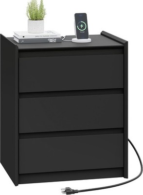 24'' Tall 3-Drawer Nightstand Black   Modern Bedside Table with Charging Station