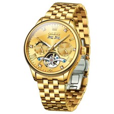 OLEVS 7023 Men's Automatic Watch Full Gold Skeleton Stainless Steel Waterproof