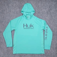 Huk Performance Fishing Shirt Mens Medium Teal Hooded Long Sleeve UPF Sun