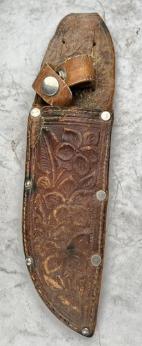 Vintage Leather Knife Sheath 9in Ornate Design Tooled Fixed Blade Belt Carry