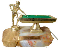 Vtg Men's Pool Billiards 8-Ball Trophy on Natural Italian Marble Slab Crews Inn