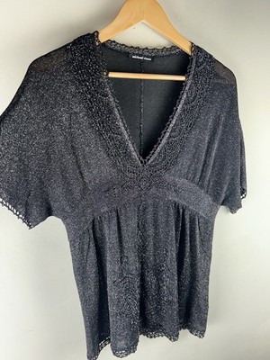 VTG Y2K Michael Simon Black Babydoll V-Neck Top Shimmery Embroidered Dark Fairy