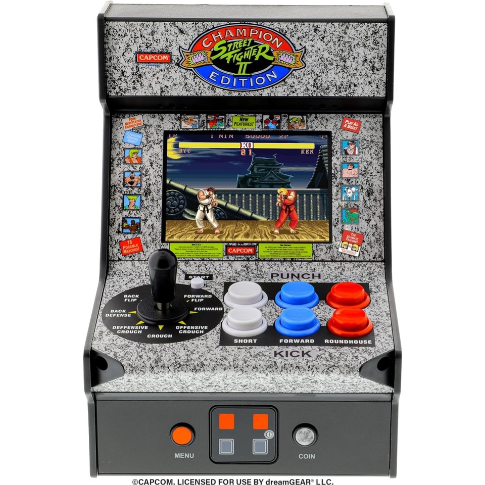 A palm-sized Street Fighter 2 arcade cabinet with working joystick and LCD — retro gaming nostalgia in the most pocketable form possible.