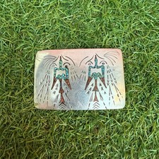 Vtg 70s Navajo Turquoise Coral Inlay Thunderbird Belt Buckle Native American