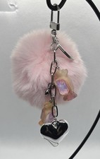 Candy Heart Rhinestone Pink Pom Pom Silver-tone Keychain Bag Charm