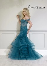 Angel Forever AF0544 size 14 L teal green Fishtail Dress cold shoulder NWT