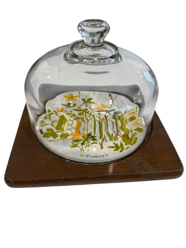 Bandeja de galletas de queso Cloche vintage de teca Goodwood con cúpula de vidrio tablero narciso Foto 2 de 4