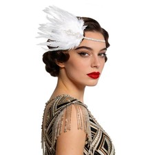 1920s Flapper Headpiece White Gatsby Feather Headband Vintage Roaring 20s Cry...