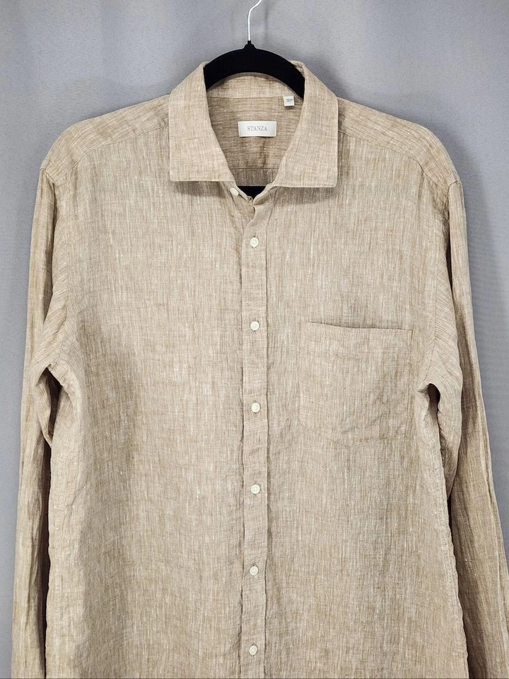 Stanza Shirt Mens 16.5 42cm Beige 100% Linen Long Sleeve Button Casual Coastal - Image 3 of 4