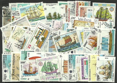 Collection Packet of 50 Different SAILING SHIPS & BOATS Stamps - mainly USED