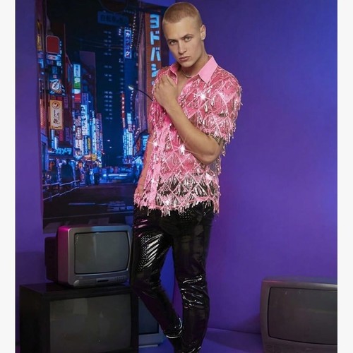 Pink Sequined Fringe Sheer Short Sleeve Party Festival Unisex Snap Shirt Size XL - Picture 7 of 11