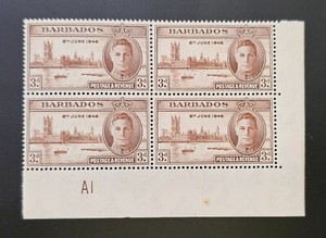 BARBADOS 1946 KGVI Peace Victory Issue CORNOR BLOCKS Sc 208. SG 263 PLATE #A1