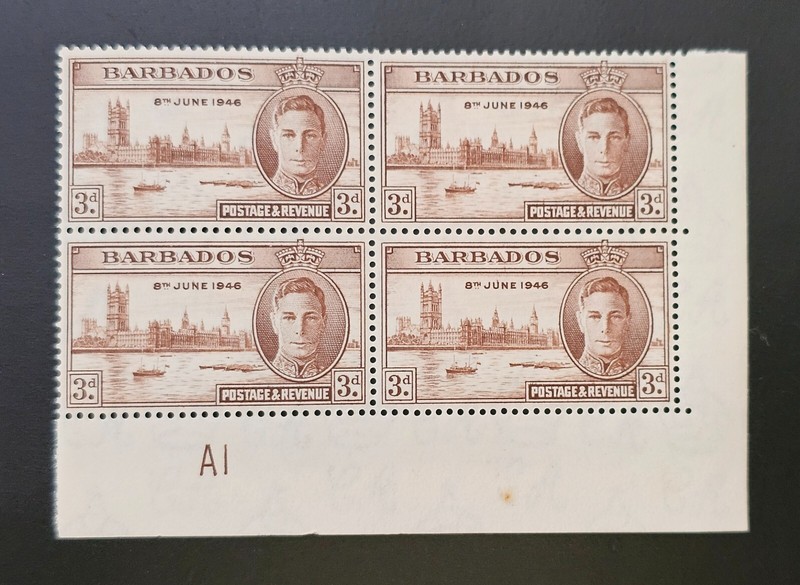 BARBADOS 1946 KGVI Peace Victory Issue CORNOR BLOCKS Sc 208. SG 263 PLATE #A1