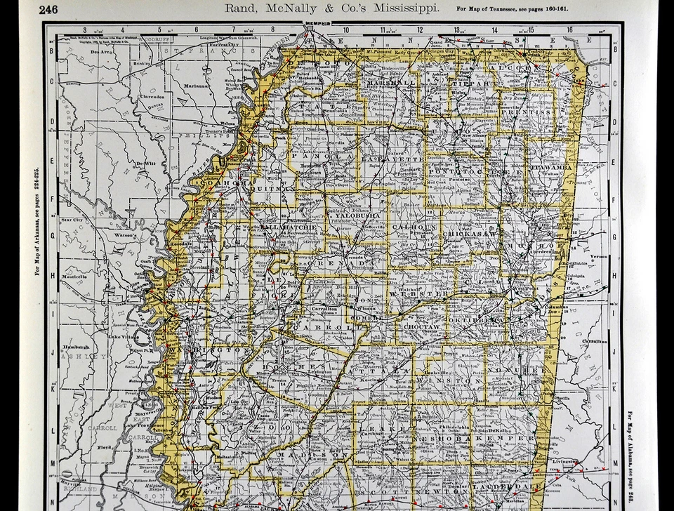 Mapa ferroviario Rand McNally 1892 Mississippi Jackson Biloxi Vicksburg Tupelo RR Foto 2 de 4