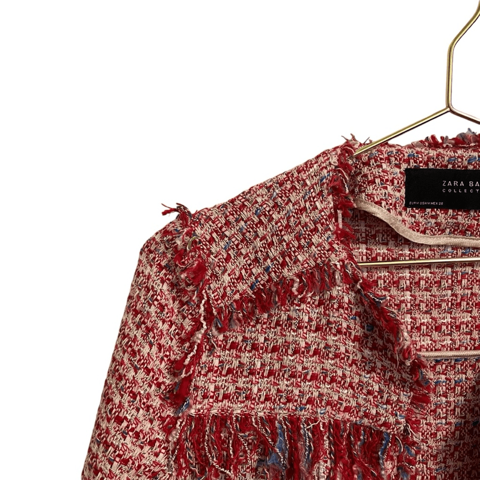 Zara Basic Collection Fringe Tweed Open Front Jacket Red, White Blue