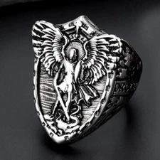Vintage Big Angel St. Micheal Shield Ring Stainless Steel Men's Biker-Punk Ring