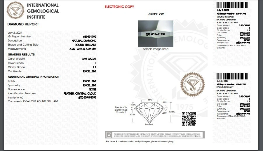 IGI Certified 0.95 Ct 100% Natural Diamond Round Brilliant Cut 6.2 mm I/I1 Loose - Image 2 of 4