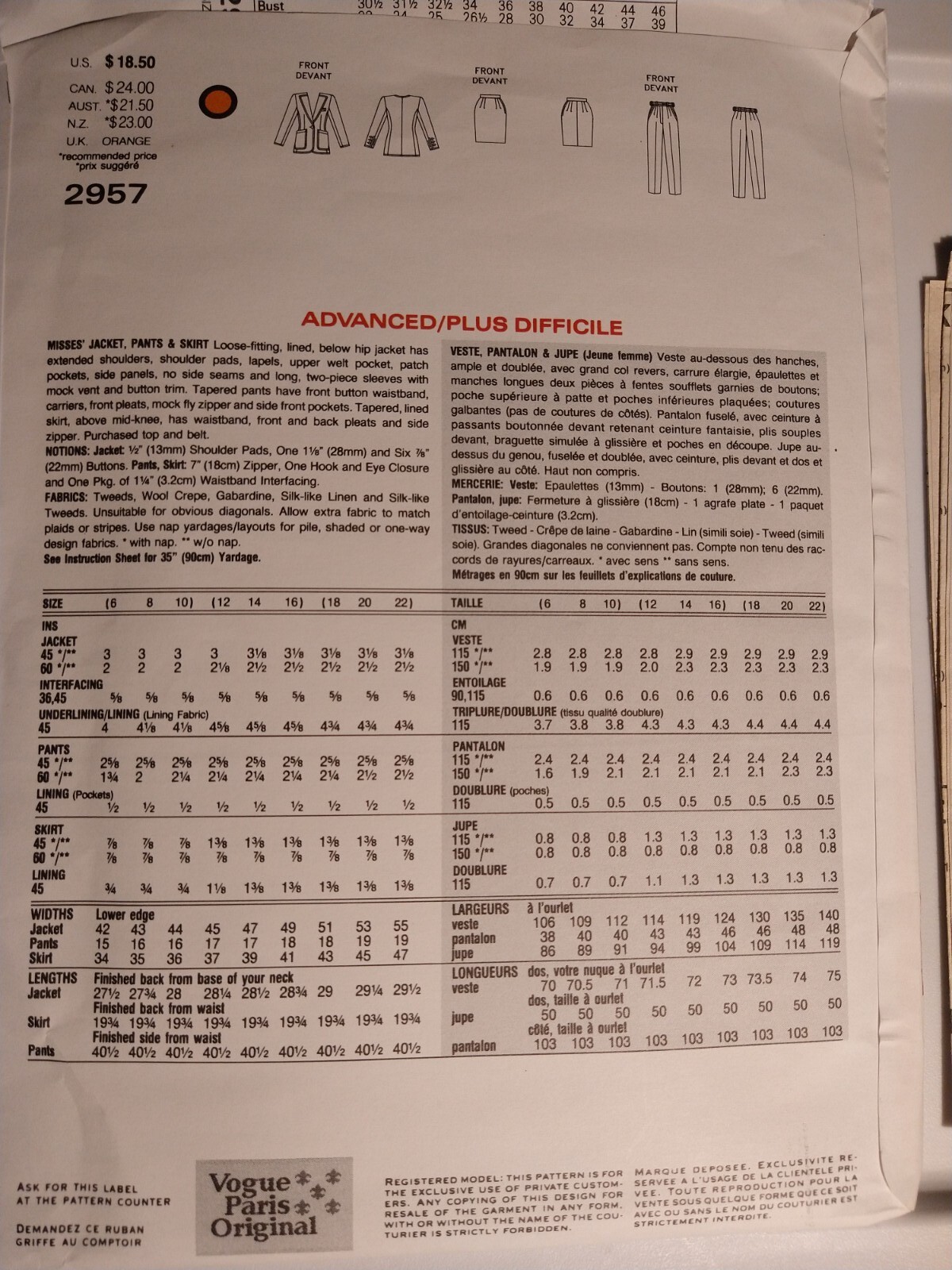 Vogue 2957 modello cucito tg 6 8 10 Yves Saint Laurent giacca donna gonna pantalone