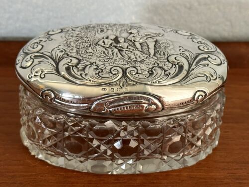 Antique 1897 Sterling Silver Hobnail Oval Glass Vanity Dressing Jar Birmingham - Afbeelding 1 van 8