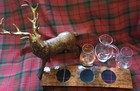 Whisky glasses or water jug tray, MacDonald tartan inserts, refurbished oak cask