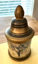 Fruit Tree Floral Decorative Jar W/Dome Lid Italy Green & Gold Container