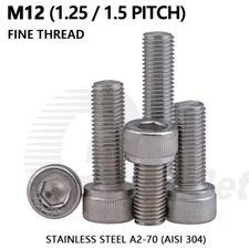 Hex Socket Cap Screws Bolts M12 x 1.25 1.5 Fine Thread A2 Stainless Steel DIN912