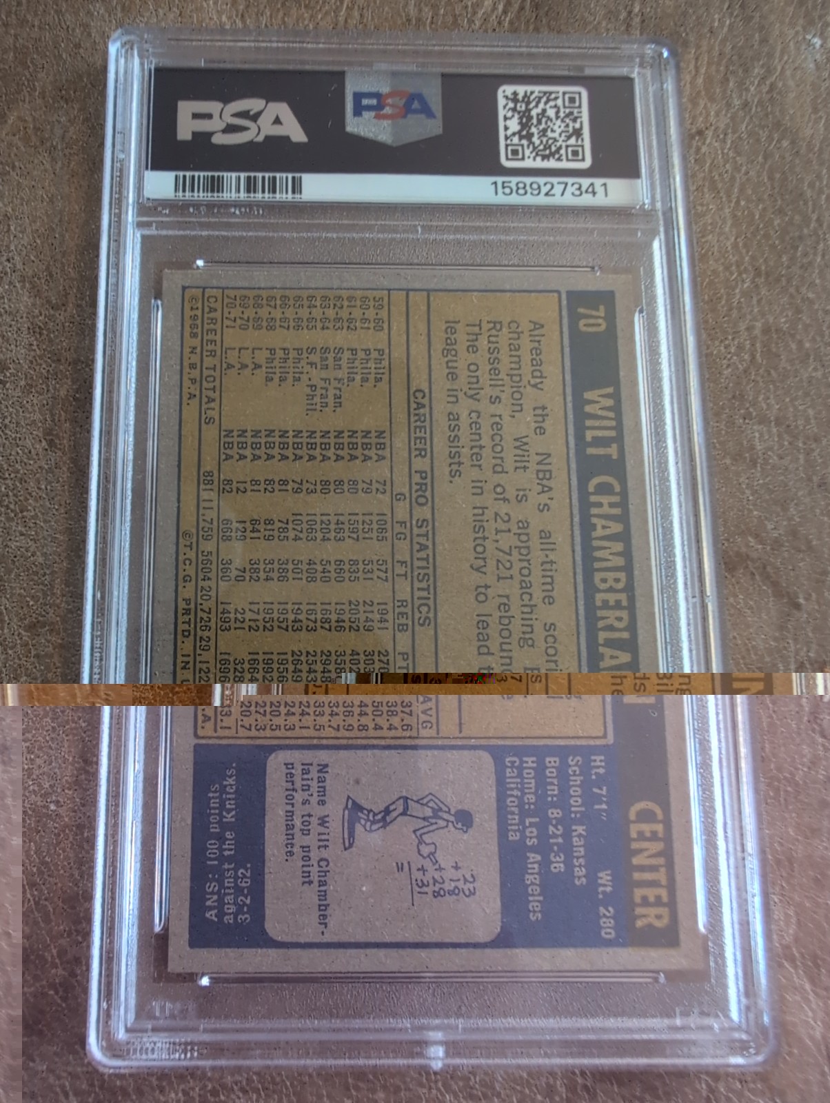 1971 Topps #70 Wilt Chamberlain Lakers HOF PSA 6 EX-MT view 2