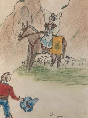 Très Beau Dessin D enfant 1950 Crayon Cheval Cow Boy Animalier Animal Animaux