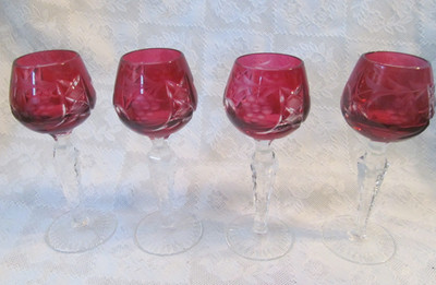 Set of 4~Bohemian Ruby Red Cut to Clear Tall Cordial Glasses Goblets Stunning!