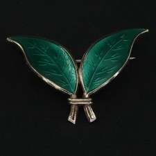 VTG Sterling Silver - NORWAY DAVID ANDERSEN Green Enamel Leaf Brooch Pin - 4g