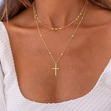 Cross Necklace for Women Dainty 14K Real Silver Gold Plated Layered Cross...