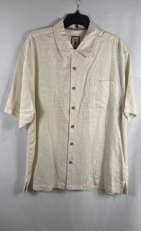 Jamaica Jaxx Men's Cream 100% Silk Jacquard Palm Leaf Hawaiian Shirt Sz XL