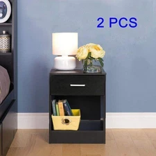 Set of 2 Nightstand End Beside Table W/ Drawer Storage Bedroom Organizer Black