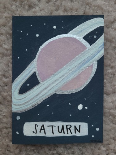 ACEO original art trading card "Just Saturn I Guess" Saturn hand-painted