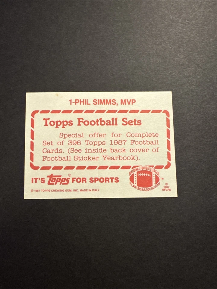 1987 Topps Football Sticker Card Phil Simms-New York Giants - Image 2 of 2