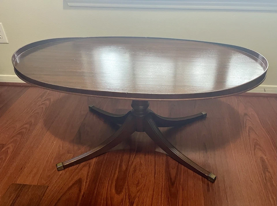 Vintage Mersman oval mahogany single pedestal coffee table  oval top - Image 3 of 4