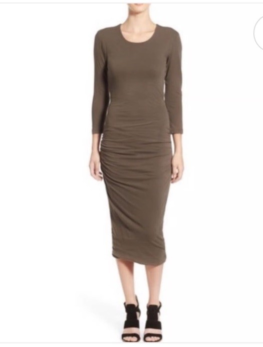 James Perse Midi Dress Bodycon Open Back  3/4 Sleeve Ruched Olive Green Sz L