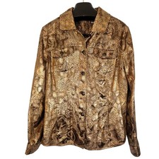 Chico's Gold Floral Snake Skin Pattern Metallic Button Down Jacket Size 12 2 