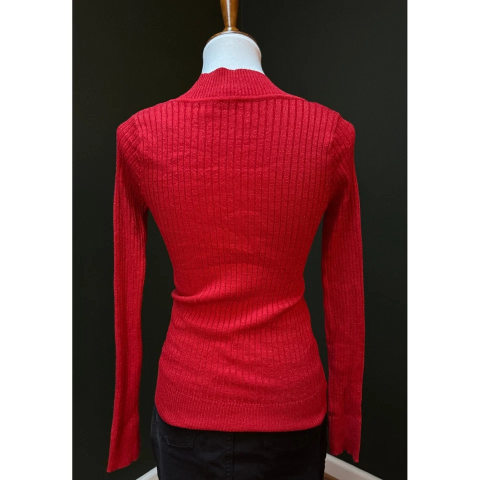 Y2K l.e.i. Top tejido acanalado manga larga cuello en V rojo metálico para mujer talla XL Foto 2 de 4