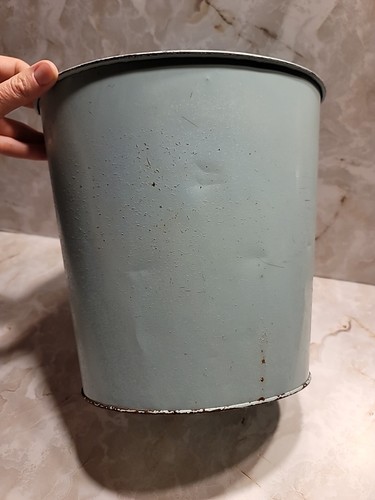 Vtg Teal Blue Floral Mid Century Trash Can Metal Steel 12in Oval Waste Basket - Picture 5 of 7