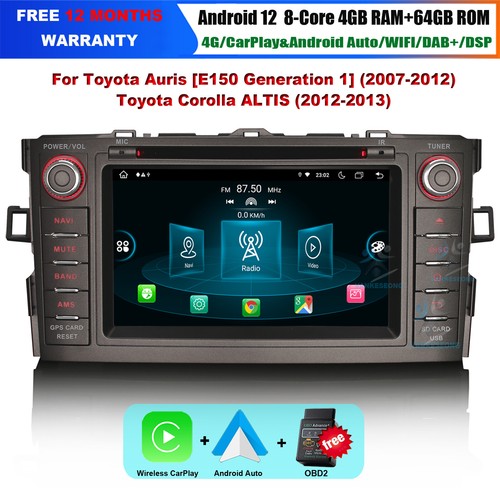 Autoradio DAB+ Radio GPS CarPlay Android 12 für Toyota Auris Mk1 E150 2007-2012