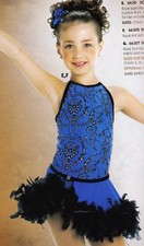 Dance Tap costume Royal blue Leotard w/black feather trim Girls Intermediate 6-7