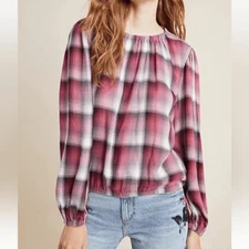 Anthropologie Women’s Sz M Cloth & Stone Glacier Plaid Balloon Sleeve Blouse Top