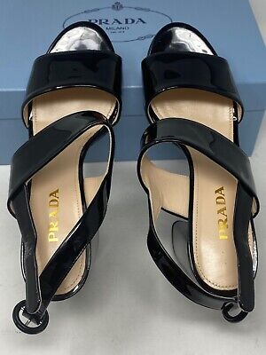PRADA Slingback Platform Strappy Sandals 95mm Black Patent PRADA Slingback Platform Strappy Sandals 95mm Black Patent